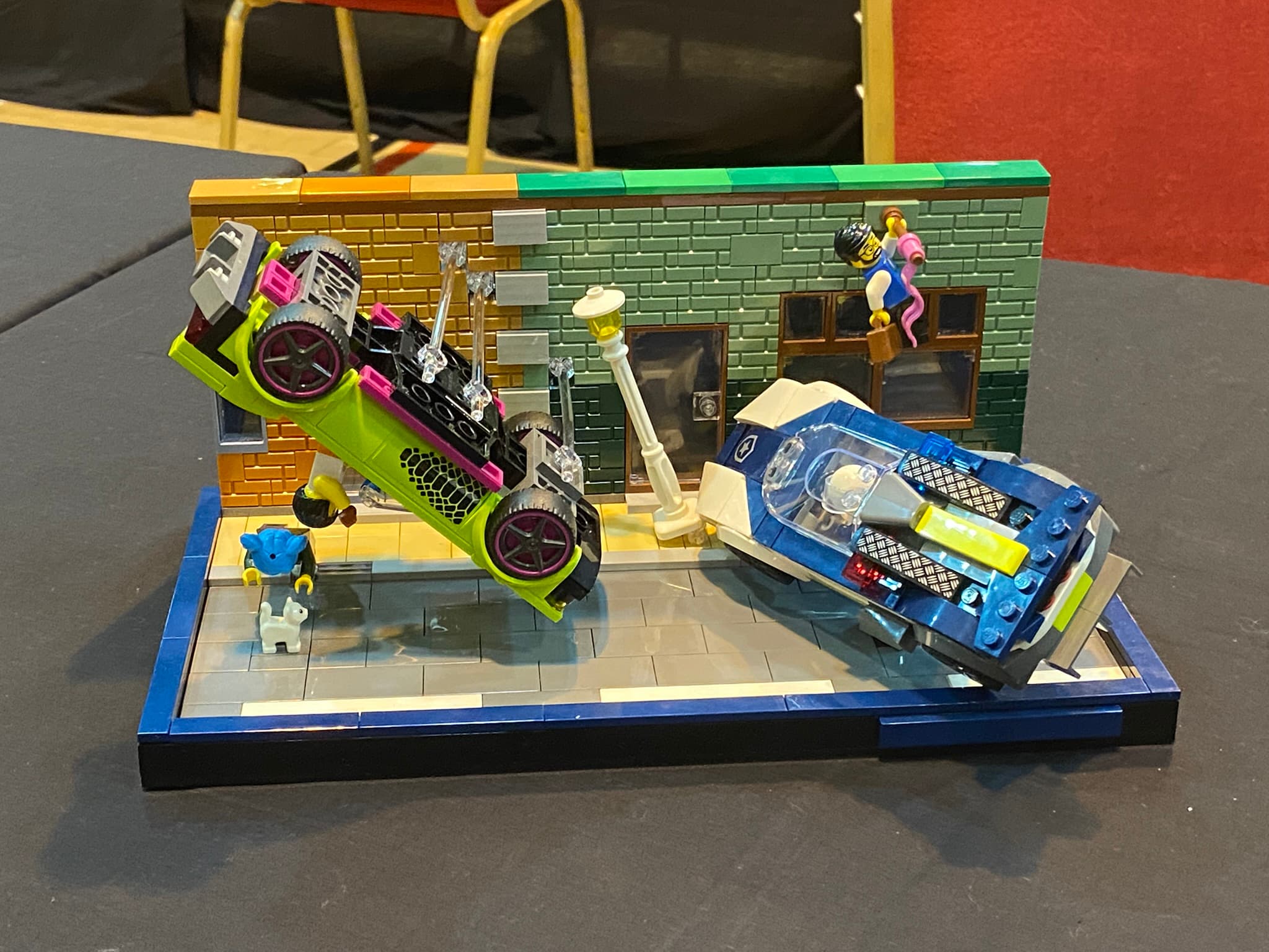 Clockson's LEGO® diorama, Cat in the Road, on display at Darlington Brick Show 2025