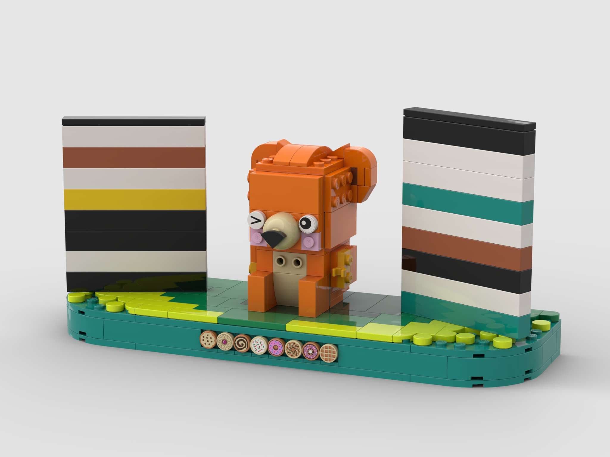 A LEGO® bear in orange sat atop a plinth between two stacks of 1x8 LEGO® bricks.
