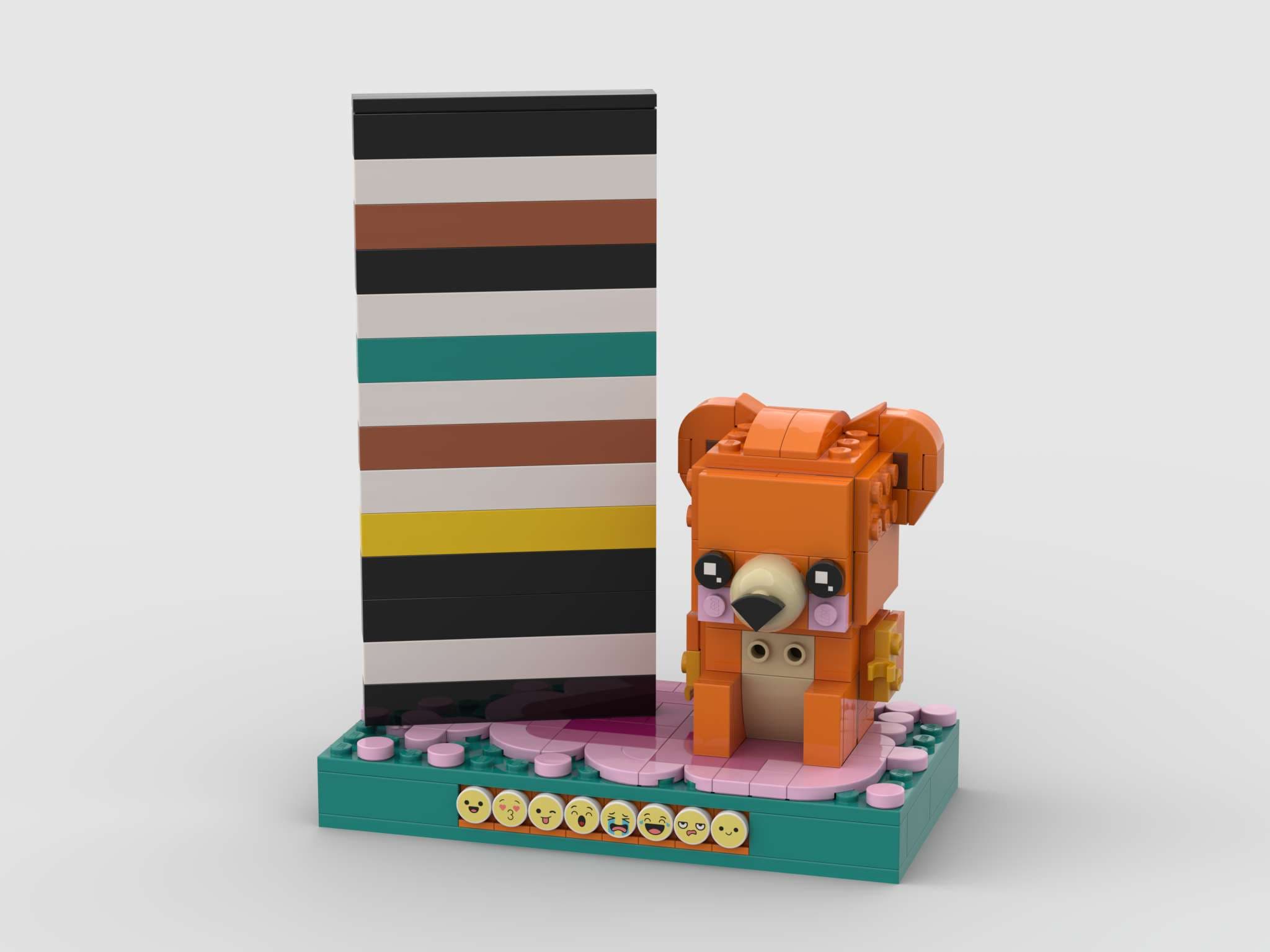 A LEGO® brickHeadz style bear sat on a plinth next to a tall stack of 1x8 LEGO® bricks.