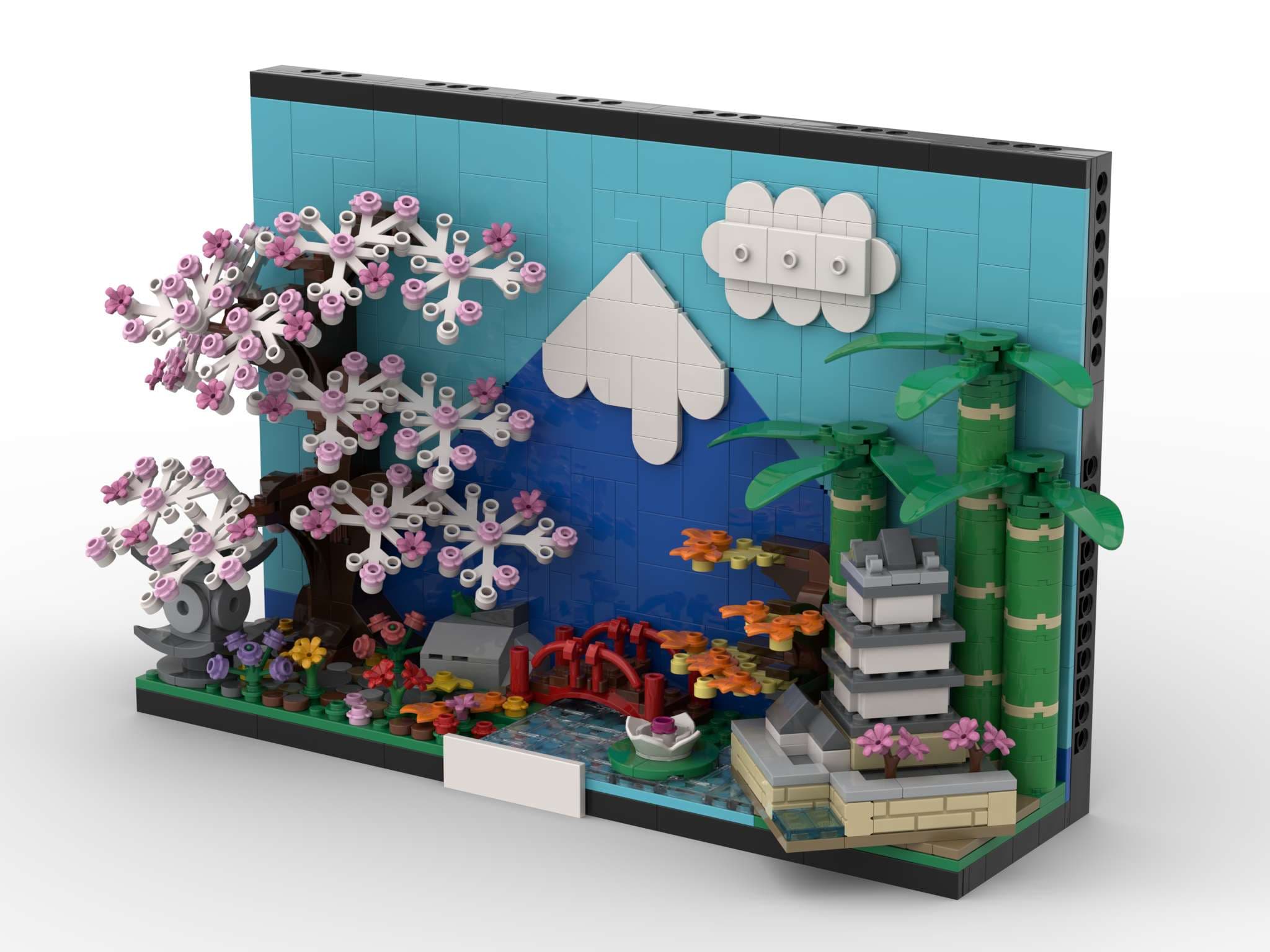A scene dipicting famous Japanese landmarks built from LEGO.