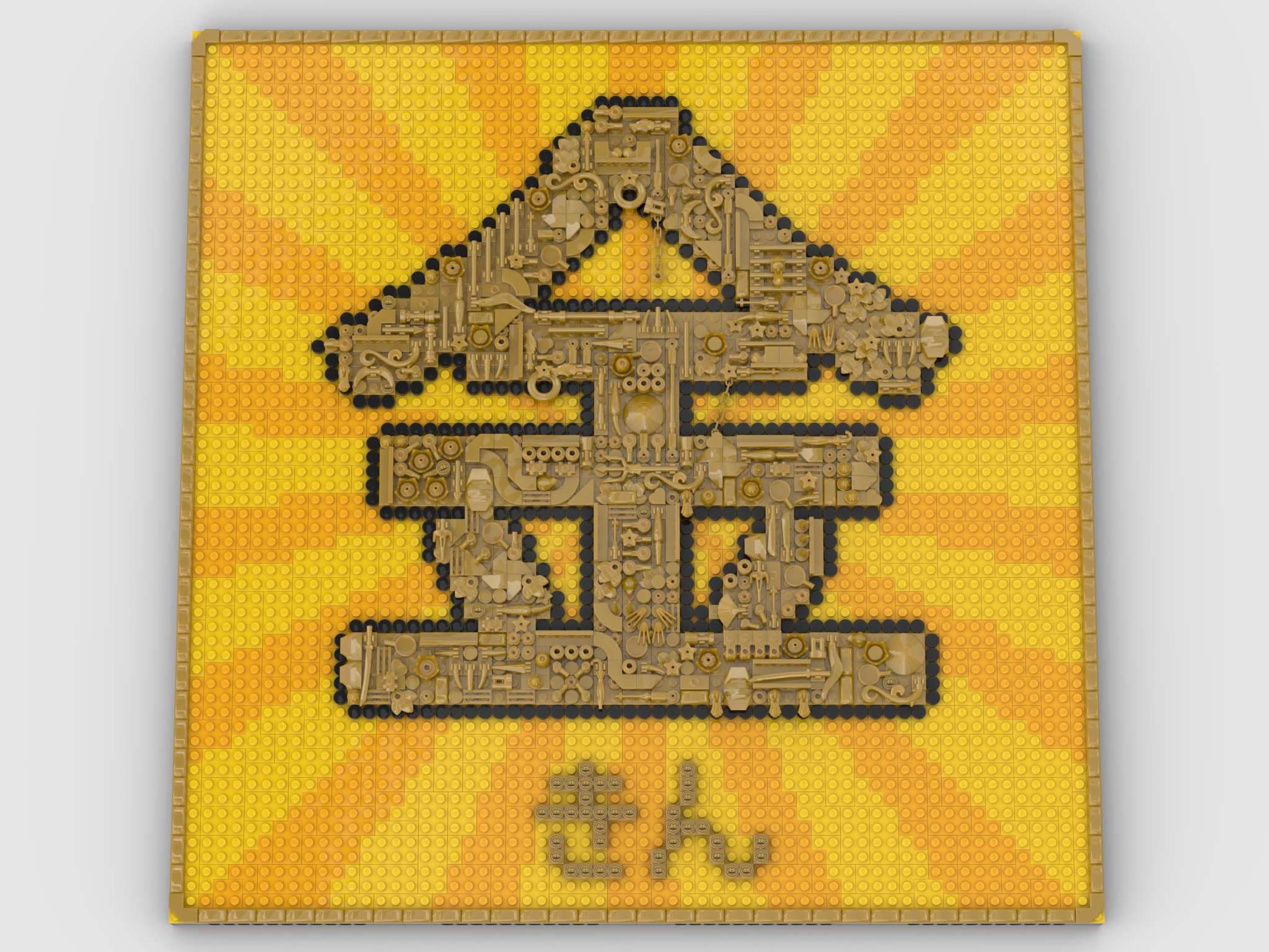 A LEGO mosaic depicting the Japanese Kanji for Gold